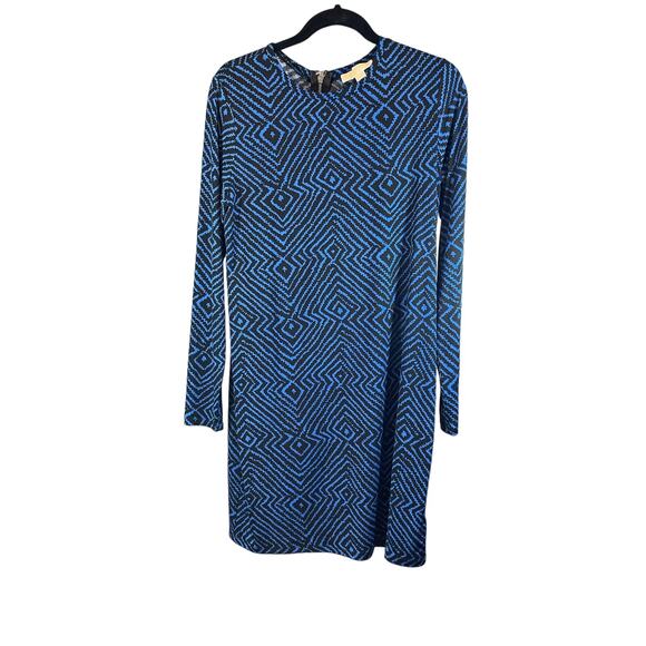 Michael Kors Blue and Black Pattered Long Sleeve Dress - Large - Picture 2 of 5